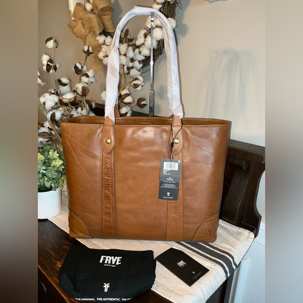NWT Frye Melissa Leather Shopper Tote Shoulder Bag Cognac Brown Retail  $358
